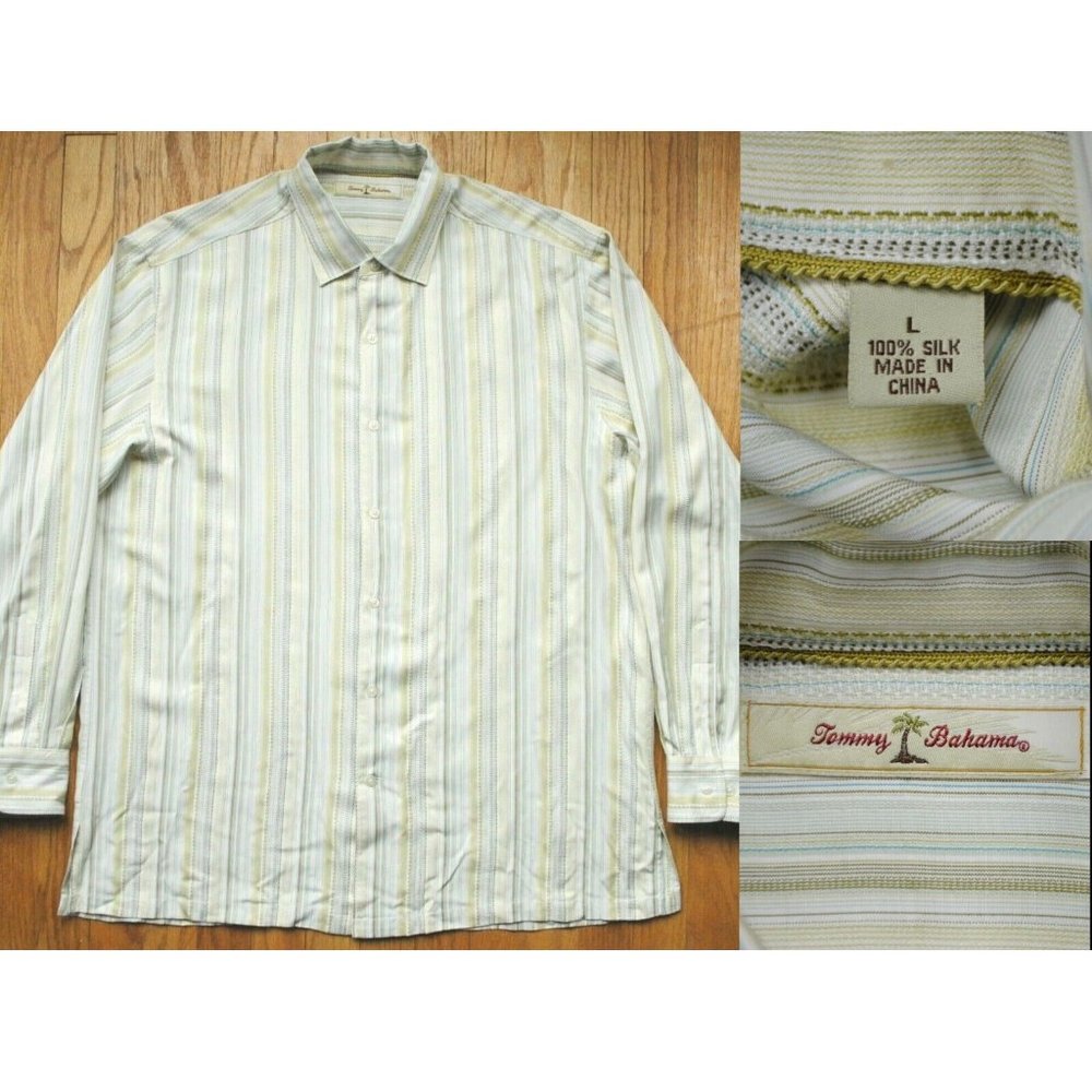 Tommy Bahama Silk Button Up Shirt Men's Size Large Striped Jacquard 100% Silk